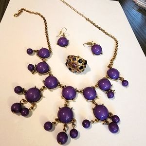 Purple and gold jewelry- necklace and earring set, plus costume ring